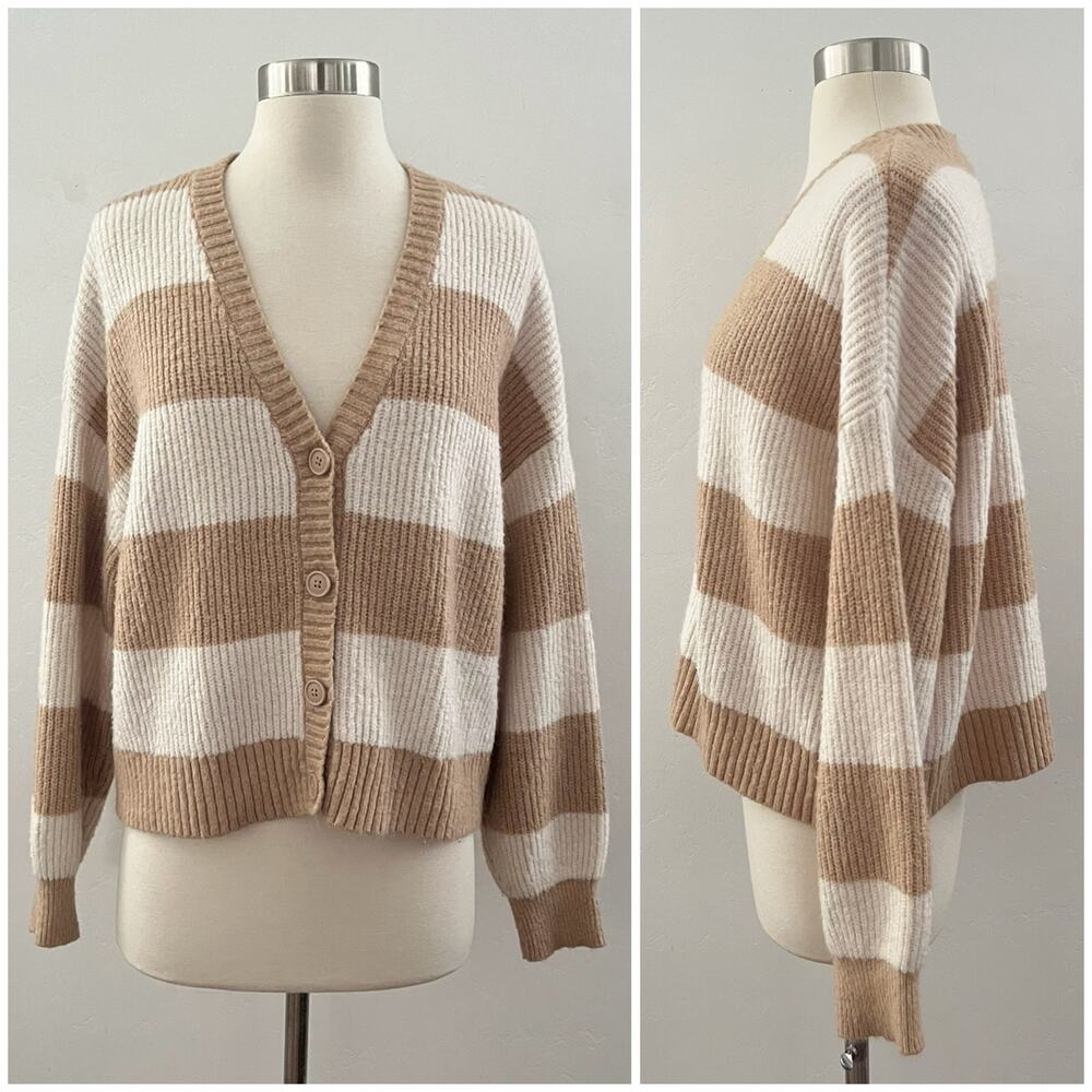 American Eagle Cardigan Sweater Women's M Tan Neutral Knit Striped Oversized